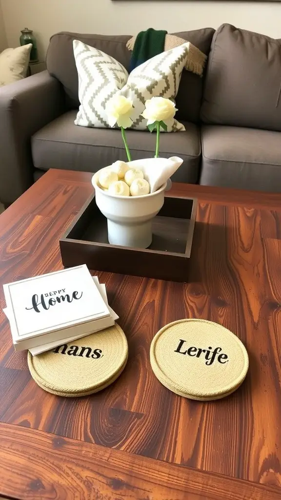 21 Creative Dollar Tree DIY Home Decor Ideas 14 Customized coasters with names on a coffee table, surrounded by decor items.