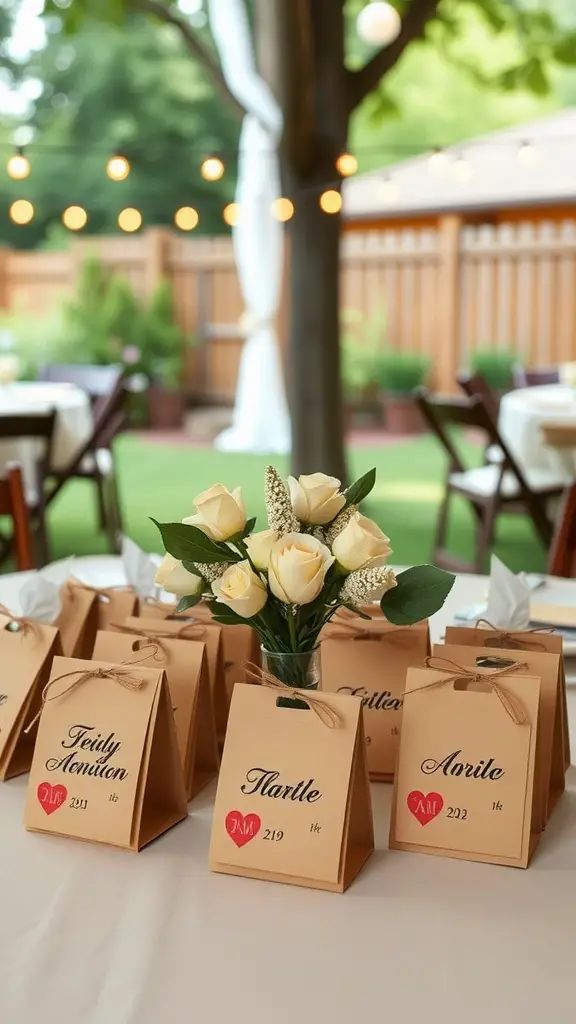 21 Creative Ideas for a Stunning Backyard Micro Wedding 14 Table with customized gift bags for guests at a backyard micro wedding