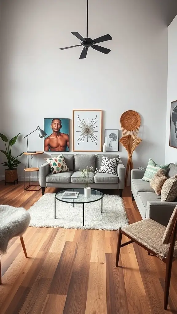 17 Creative Silent Auction Ideas to Boost Your Fundraising Event 11 A modern living room with a gray sofa, colorful cushions, a glass coffee table, and stylish wall art.