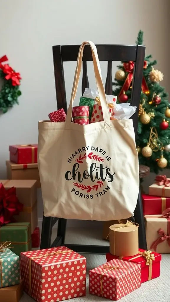 Customized tote bag filled with gifts, next to a Christmas tree and wrapped presents.