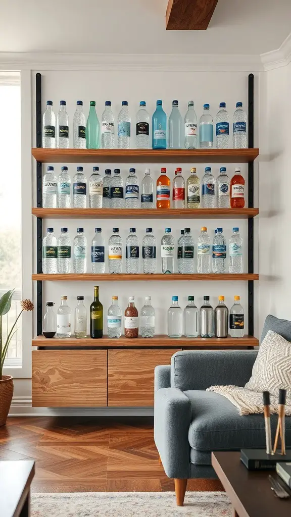 15+ Creative Ways to Store Your Water Bottles 8 A stylish wooden shelf displaying various water bottles in a modern living room.