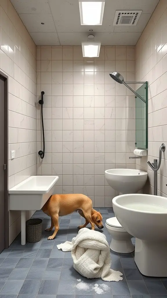 21+ Essential Items for a Perfect Dog Washing Station 14 A spacious dog washing station designed for large breeds, featuring a large tub, adjustable showerhead, and a towel on the floor.