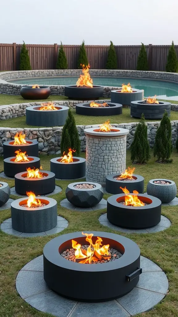 A variety of sunken fire pits in a landscaped yard, featuring flames and different designs.