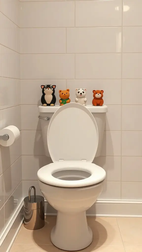 23+Chic Back of Toilet Decor Ideas to Transform Your Bathroom 11 Cute animal figurines on the back of a toilet