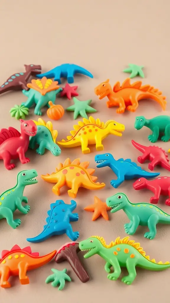 23 Adorable Baby Shower Decorations for Boys 2 Colorful plastic dinosaur toys scattered on a light background