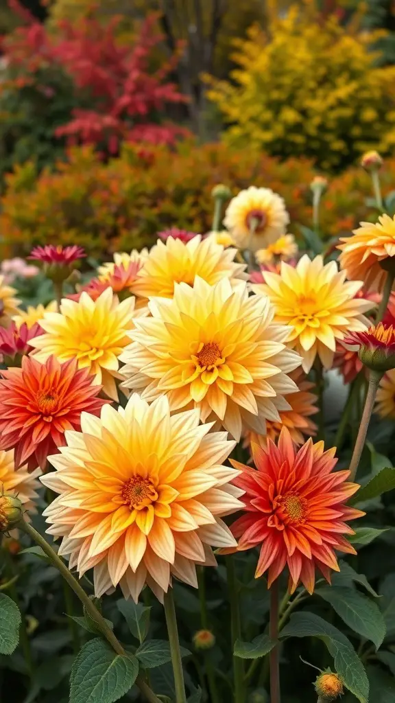 21 Stunning Fall Flower Bed Ideas to Beautify Your Home 12 A vibrant display of dahlias in shades of yellow, orange, and red, set against colorful autumn foliage.