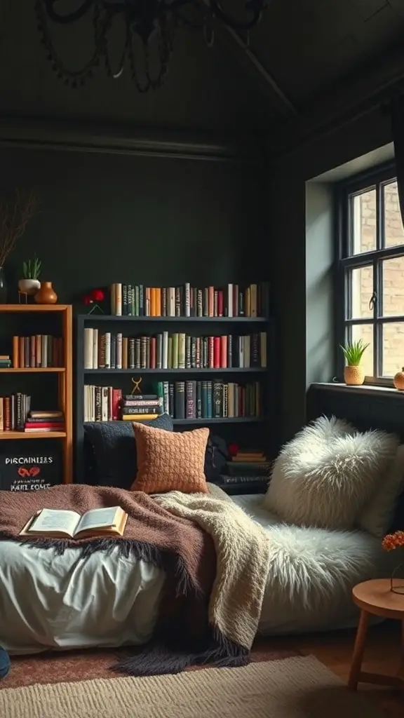 A cozy reading nook with dark walls, a fluffy chair, a bookshelf filled with books, and soft blankets.