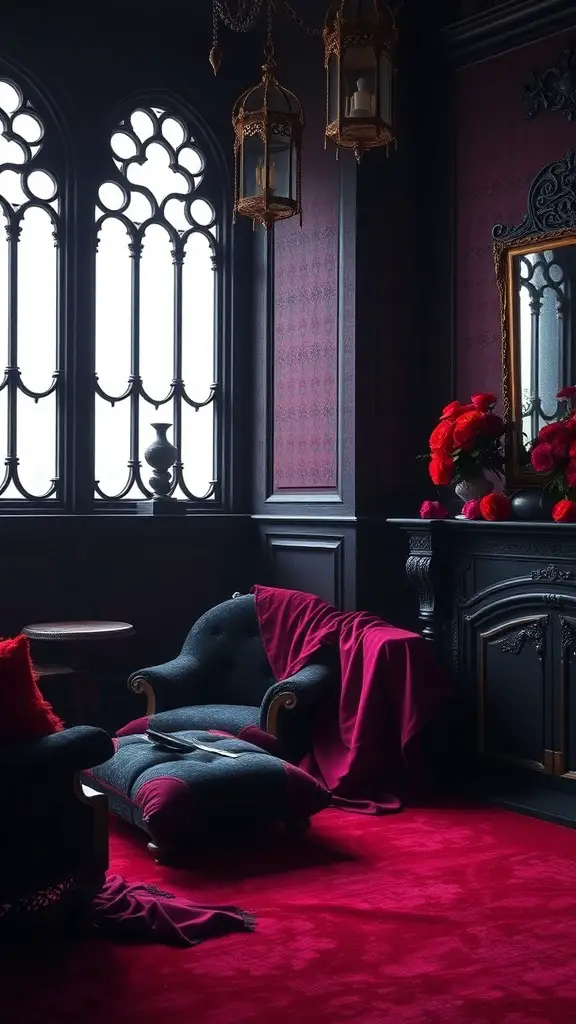 A romantic goth room featuring dark walls, rich red carpet, and elegant furniture.