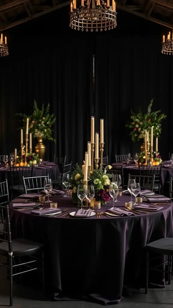 Elegant wedding table setting with dark purple linens, tall candles, and floral arrangements.