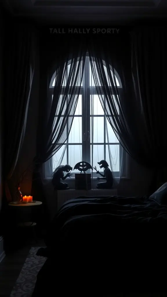 A dark bedroom with velvet curtains framing a window, creating a moody atmosphere.