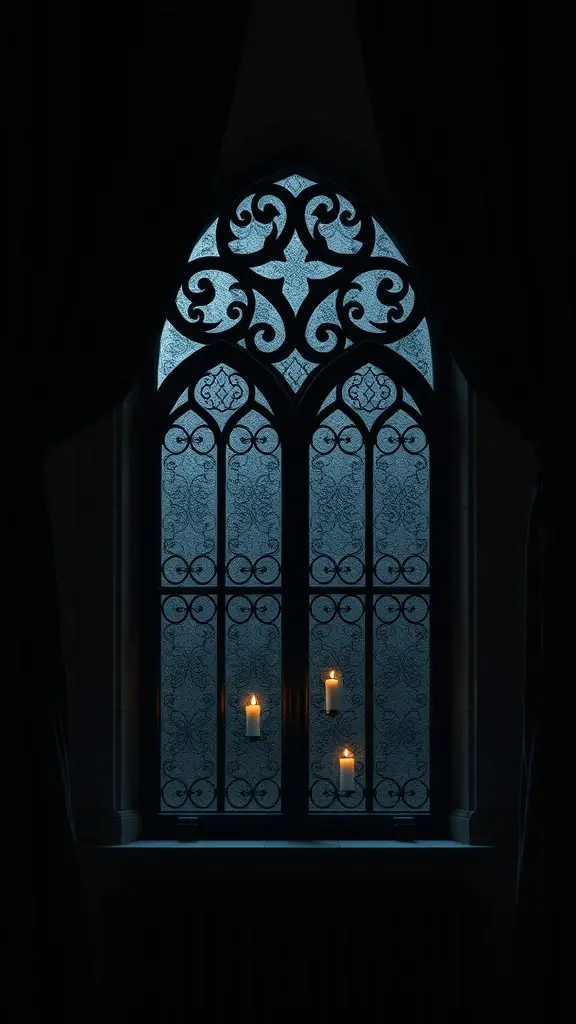 A gothic window with dark velvet drapes and flickering candles.