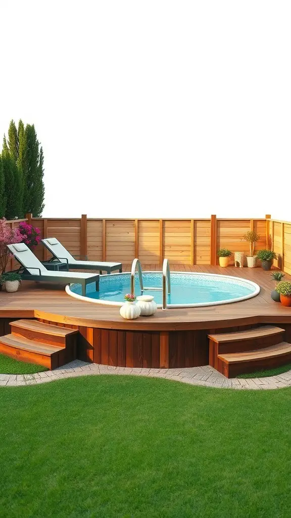 19 Inspiring Above Ground Pool Ideas for Your Backyard Oasis 2 A stylish above-ground pool surrounded by wooden decking and steps, with lounge chairs and potted plants.
