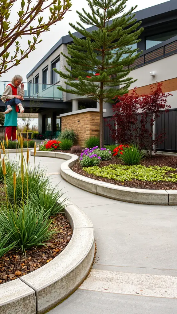 21 Creative Garden Border Ideas You Can Try Today 12 A garden featuring decorative concrete curbs, colorful flowers, and a modern home in the background.