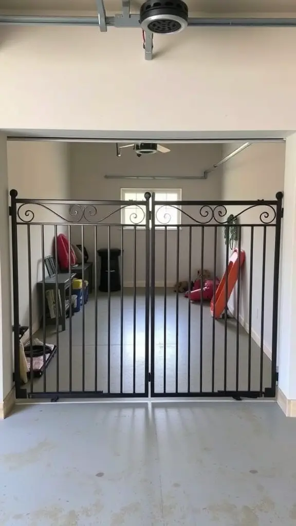 17+ Creative Dog Room Ideas for Your Garage 16 Decorative black dog gate in a garage setting