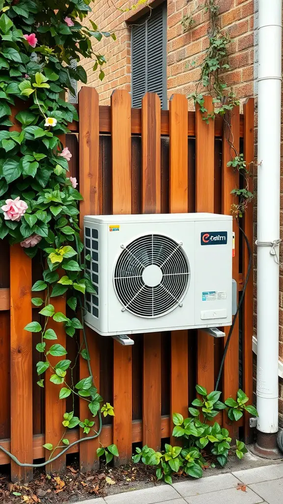 17 Creative Landscaping Ideas to Hide Your AC Unit 9 A decorative wooden fence surrounding an air conditioning unit, with climbing plants and flowers.