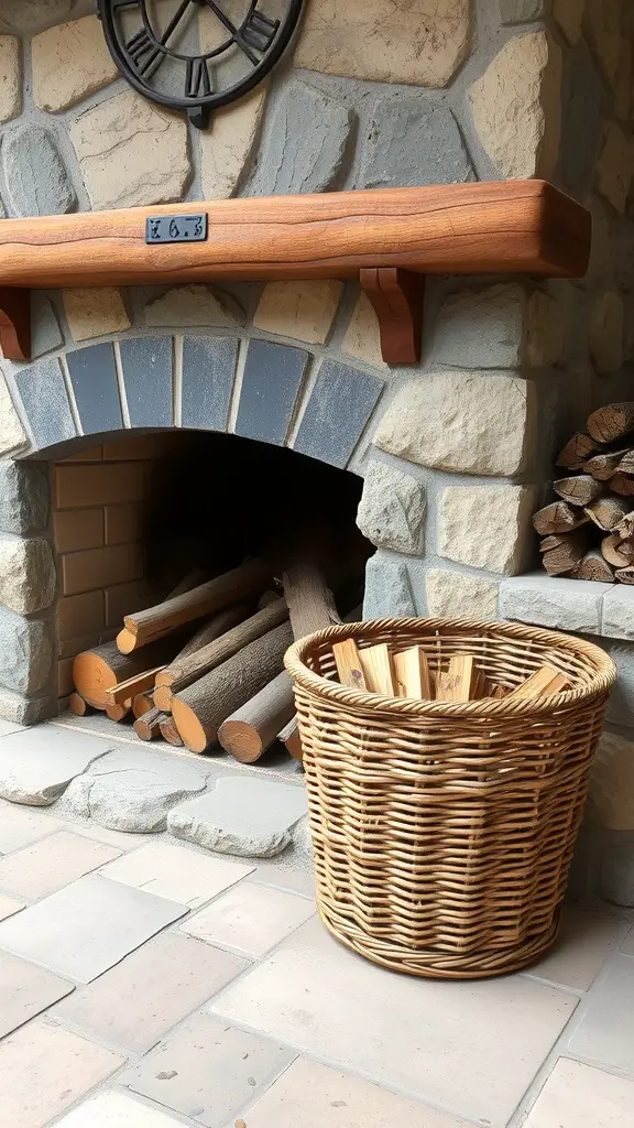 19 Creative Outdoor Firewood Storage Ideas You'll Love 7 A wicker basket filled with firewood next to a stone fireplace.