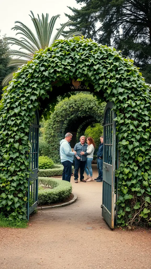 21 Charming Vintage Garden Decor Ideas to Transform Your Outdoor Space 12 A decorative garden arch covered in ivy with people gathered around it.