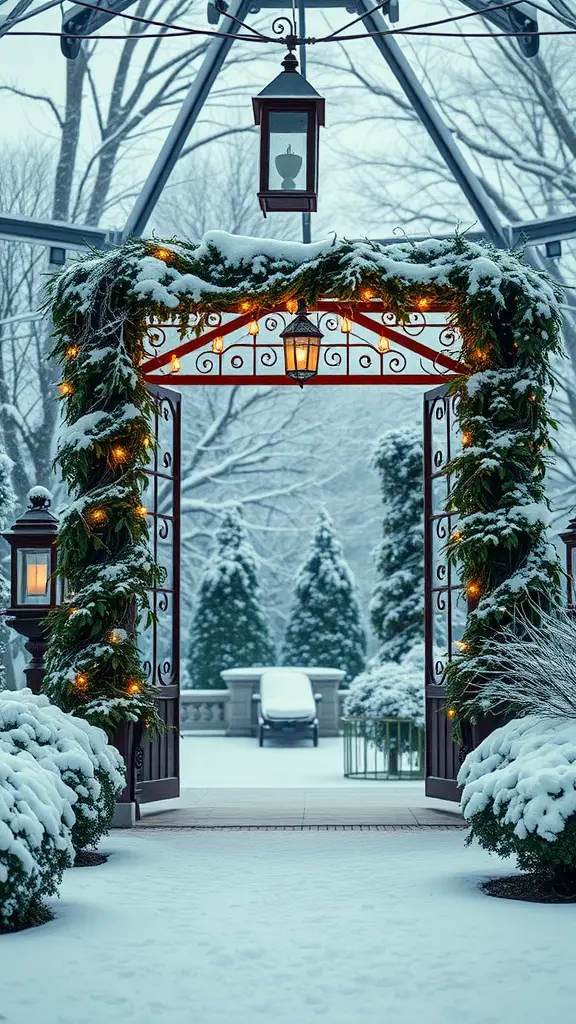 A decorative archway covered in snow, adorned with greenery and lights, leading into a winter garden.