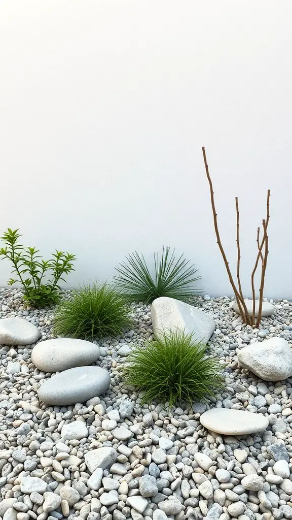 23 Vibrant Mexican Garden Ideas to Transform Your Outdoor Space 16 A decorative gravel and stone garden featuring smooth stones and green plants.