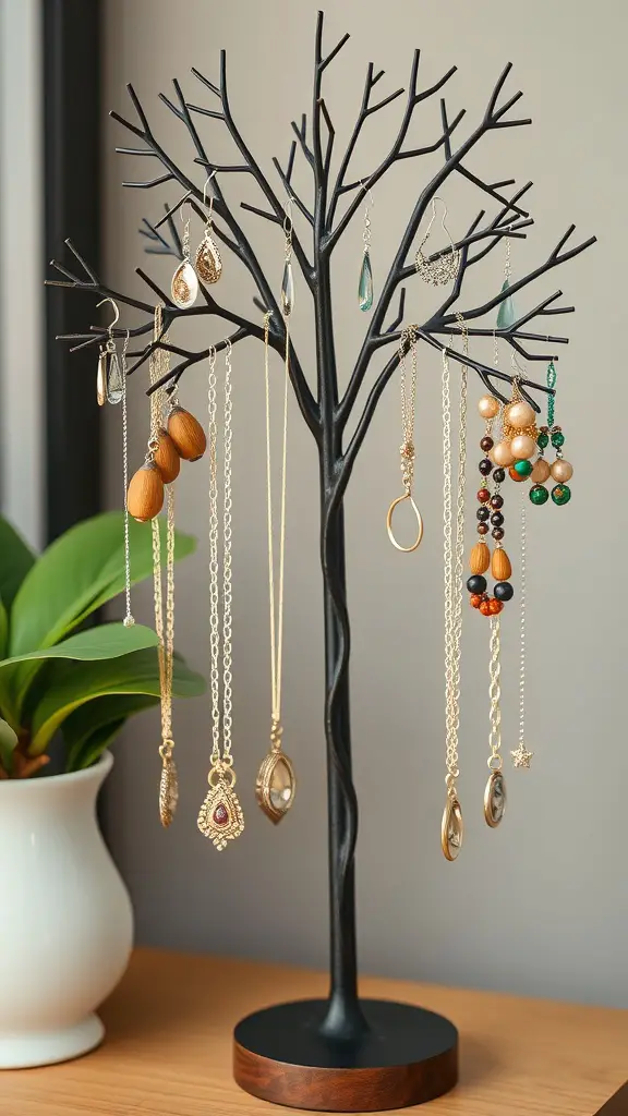 A decorative black jewelry tree displaying various necklaces and earrings, with a green plant in a white pot nearby.