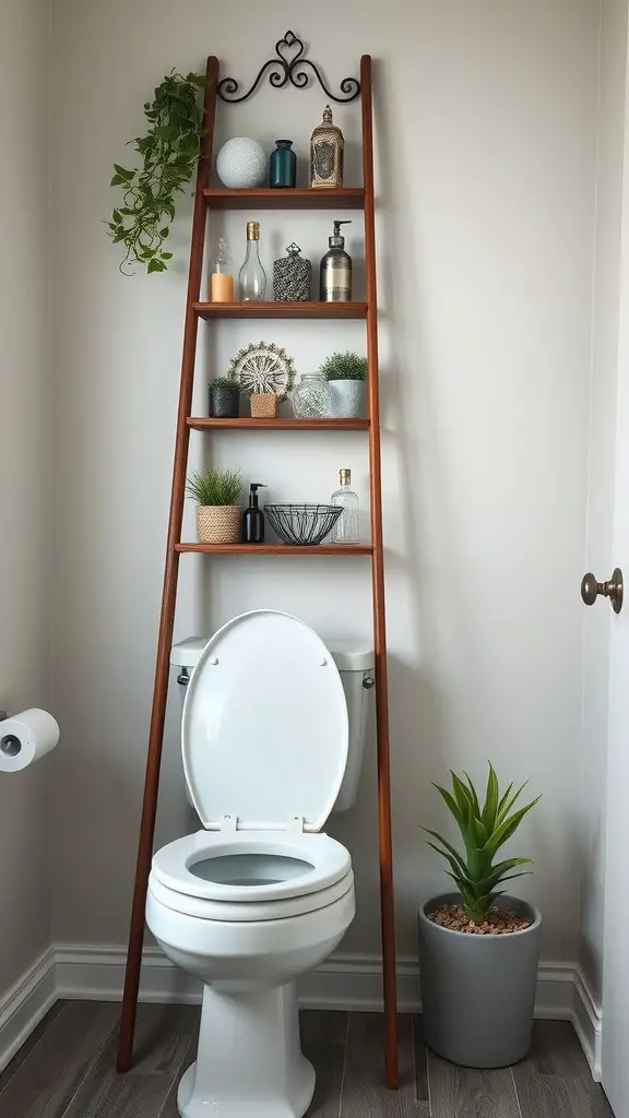 17 Creative Over Toilet Storage Ideas for Small Bathrooms 7 A decorative wooden ladder with shelves above a toilet, displaying plants and decorative items.
