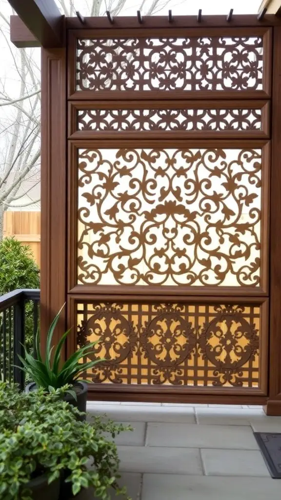 17 Creative Lattice Privacy Screen Ideas for Your Outdoor Space 8 A decorative wooden lattice privacy screen with intricate designs, surrounded by plants on a patio.