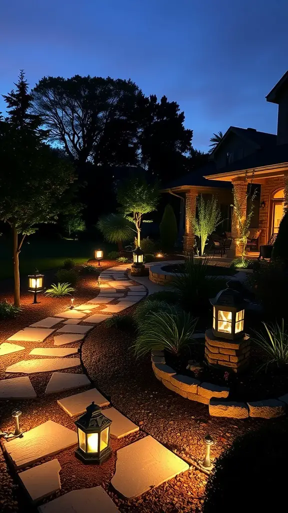 17 Stunning Front Yard Landscaping Ideas for a Beautiful Home Exterior 4 A beautifully lit front yard with a winding stone path and decorative lanterns illuminating the landscaping at night.