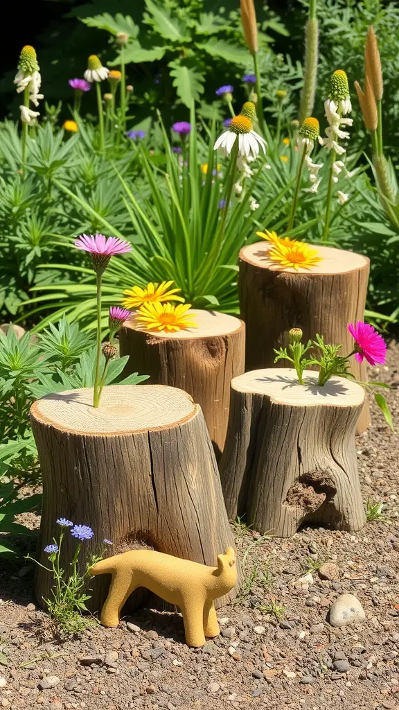 Decorative log stumps with flowers in a garden setting