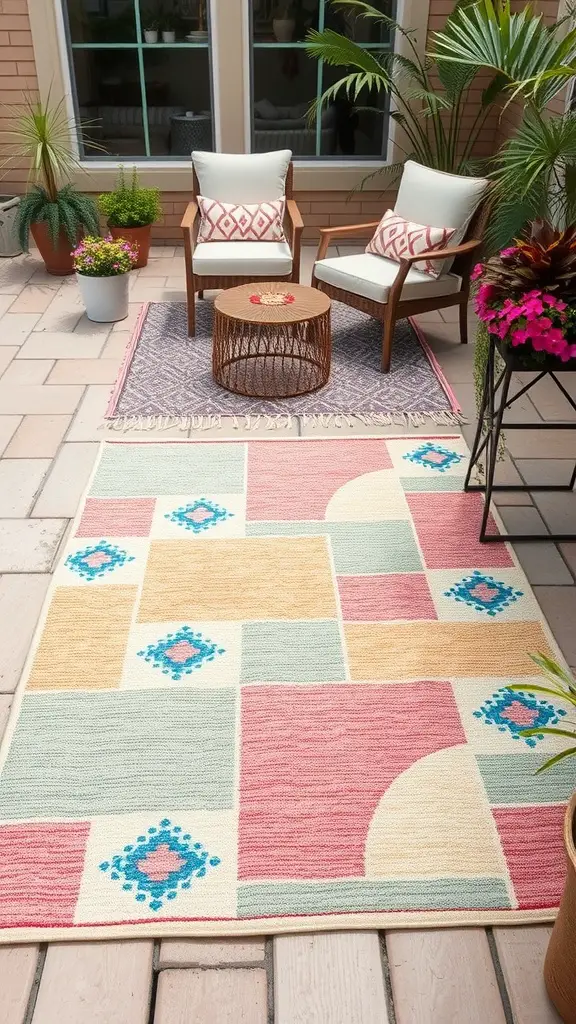 19 Creative Backyard Ideas for Renters 8 A cozy outdoor seating area with a colorful decorative rug, two chairs, and a small table surrounded by plants.
