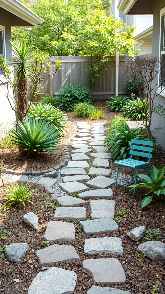 A decorative stone pathway surrounded by greenery and a blue chair