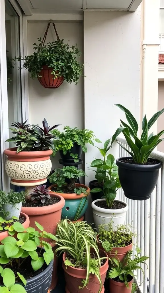 23 Creative Small Balcony Decor Ideas You Need to Try 7 A collection of decorative planters with various plants on a small balcony.