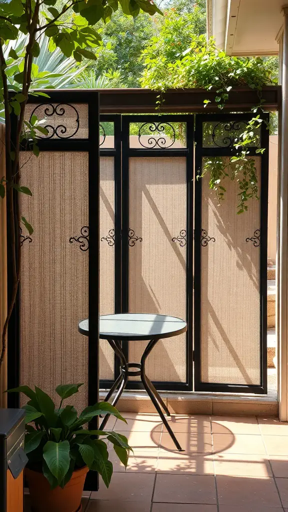 17 Creative Small Apartment Patio Ideas You’ll Love 18 A small patio with decorative privacy screens, a round table, and potted plants.