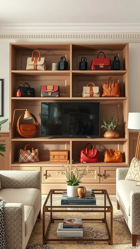 A stylish shelf displaying various purses in different colors and styles, with a cozy living room setting.