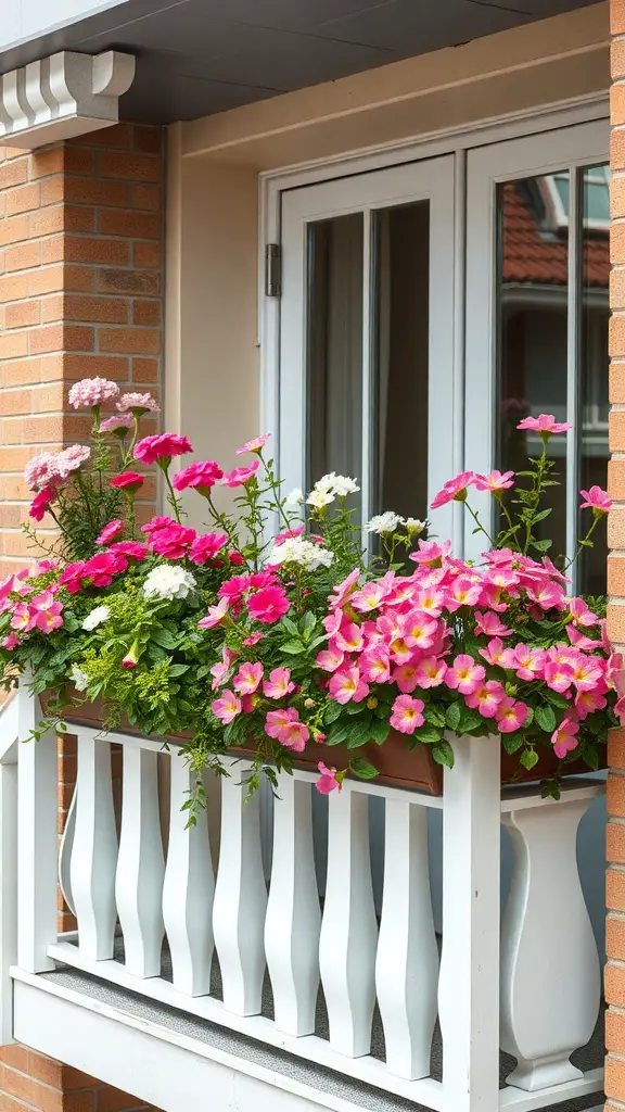 21 Creative Balcony Landscaping Ideas You’ll Love 6 A balcony with a white railing adorned with colorful flowers in decorative rail planters.