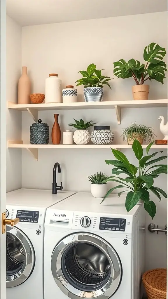 23 Creative Laundry Room Storage Ideas You Need to Try 15 Decorative shelving in a laundry room featuring potted plants and stylish containers.