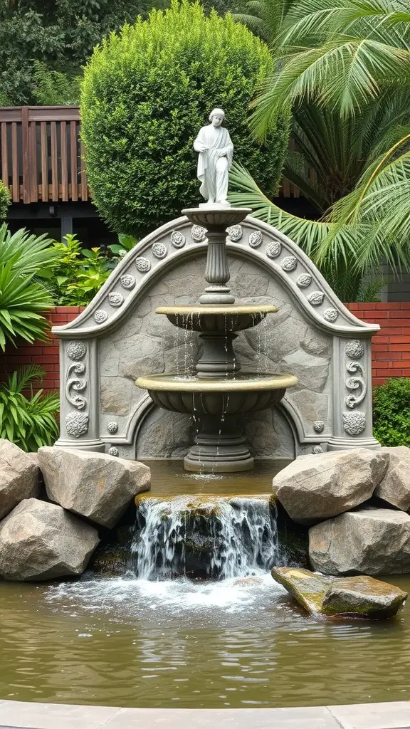 19 Creative Rock Landscaping Ideas for a Stunning Outdoor Space 12 A decorative stone fountain with multiple tiers and a statue, surrounded by rocks and greenery.