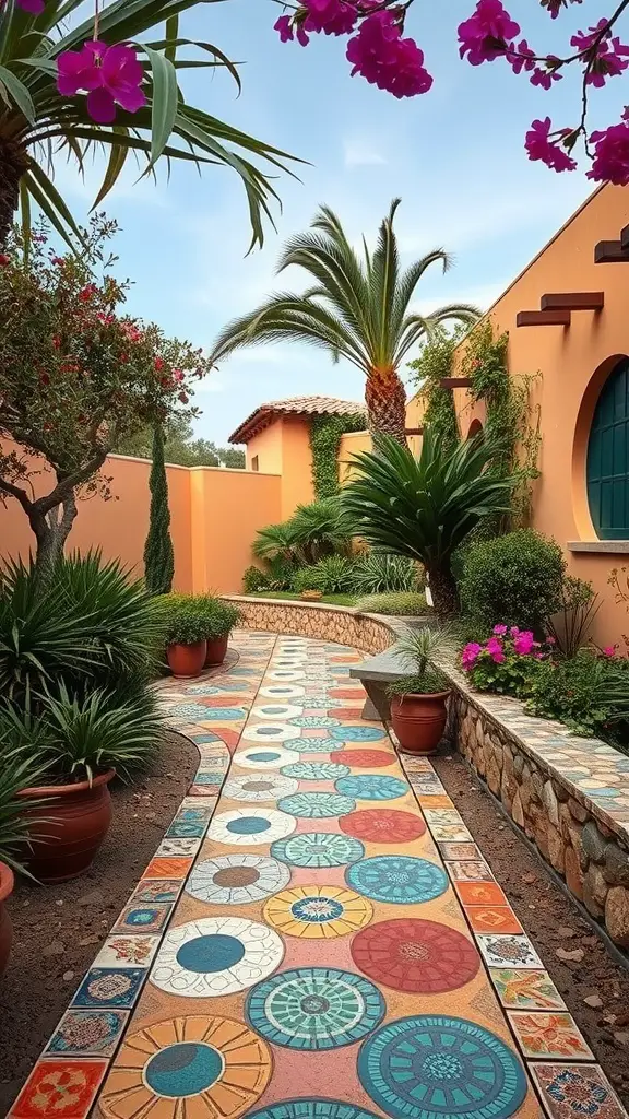 19 Stunning Mediterranean Garden Ideas You’ll Love 16 Colorful decorative tiles forming a pathway in a Mediterranean garden, surrounded by lush plants and flowers.