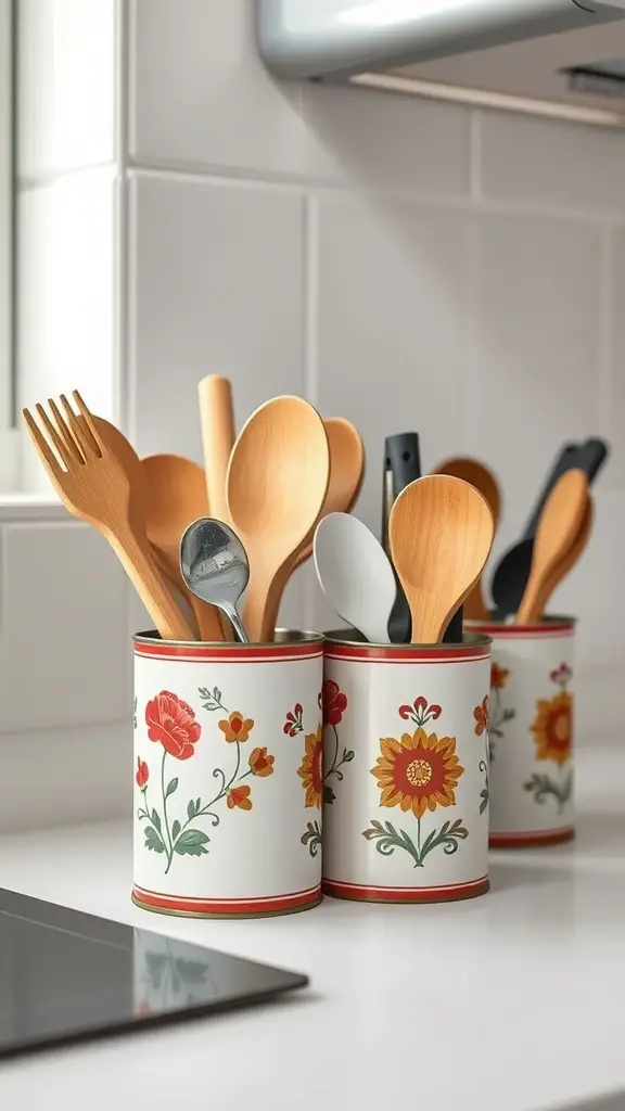 19 Creative DIY Storage Box Ideas You Need to Try 16 Three decorative tin cans filled with wooden kitchen utensils on a countertop.