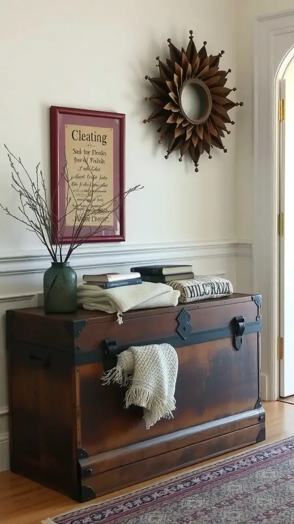 A wooden decorative trunk in an entryway, topped with a throw and books, accompanied by a mirror and framed art.