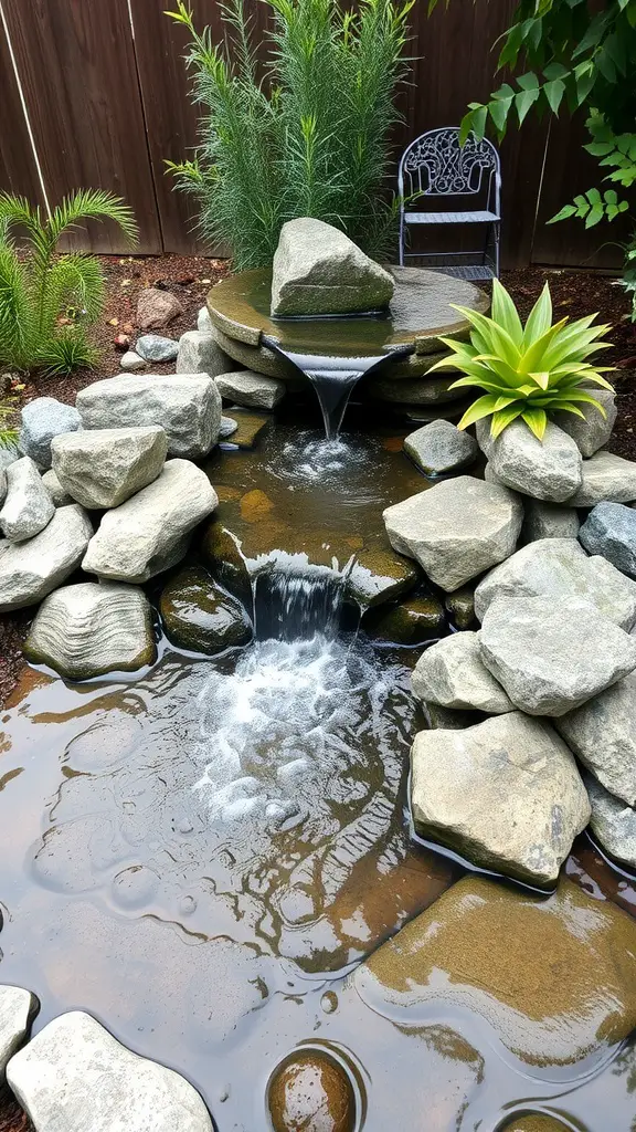 17 Inspiring Backyard Decorating Ideas to Transform Your Outdoor Space 11 A decorative water feature with a small waterfall, surrounded by rocks and plants, and a chair nearby.