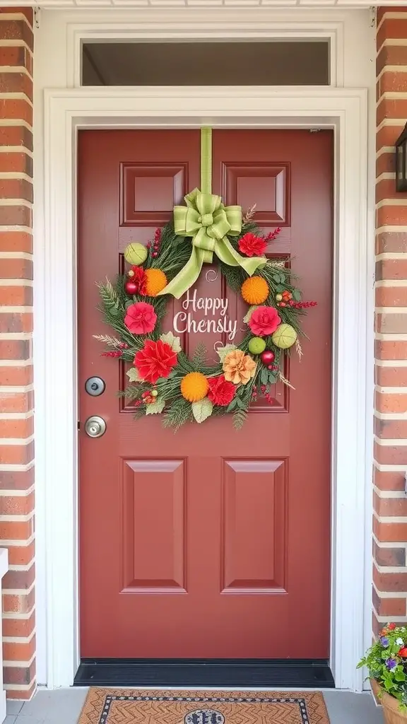 21 Creative Dollar Tree DIY Home Decor Ideas 9 A colorful decorative wreath on a front door with a message 'Happy Chensy'.