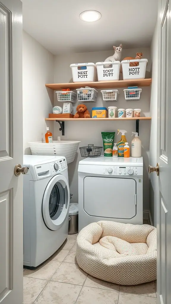 23 Creative Laundry Room Storage Ideas You Need to Try 14 A laundry room with organized pet supply storage, featuring labeled bins and a cozy pet bed.