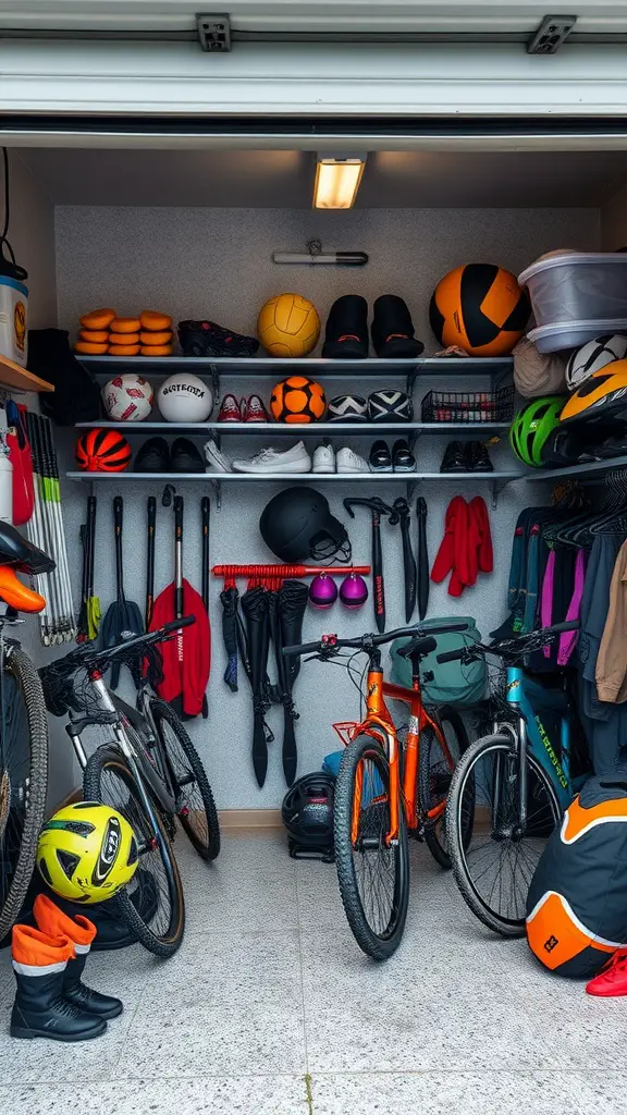 37+Genius Ideas for Garage Storage Organization 10 Organized garage space with sports equipment including bikes, helmets, and various sports balls.