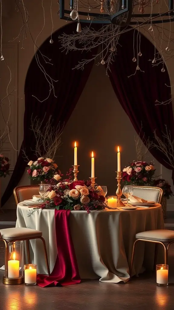 A beautifully arranged winter wedding table featuring deep burgundy and gold decor, with candles and floral arrangements.