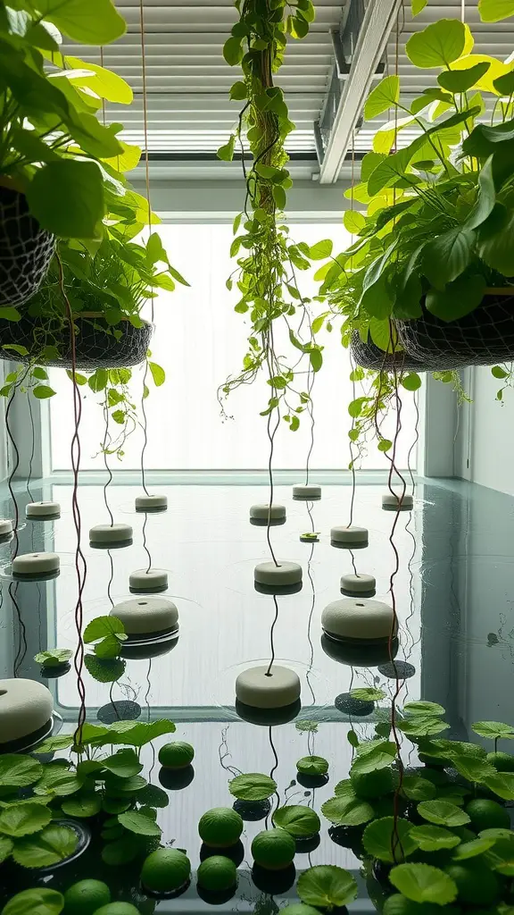 17 Innovative Hydroponic Gardening Ideas You Need to Try 7 A deep water culture hydroponic setup with hanging plants and floating platforms in a reflective water surface.