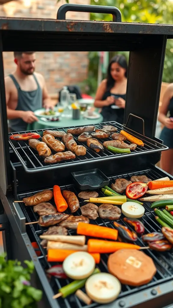 15 Must-Have Essentials for the Perfect Backyard Garden Party 11 A grill filled with various meats and vegetables, with people enjoying a backyard party in the background.