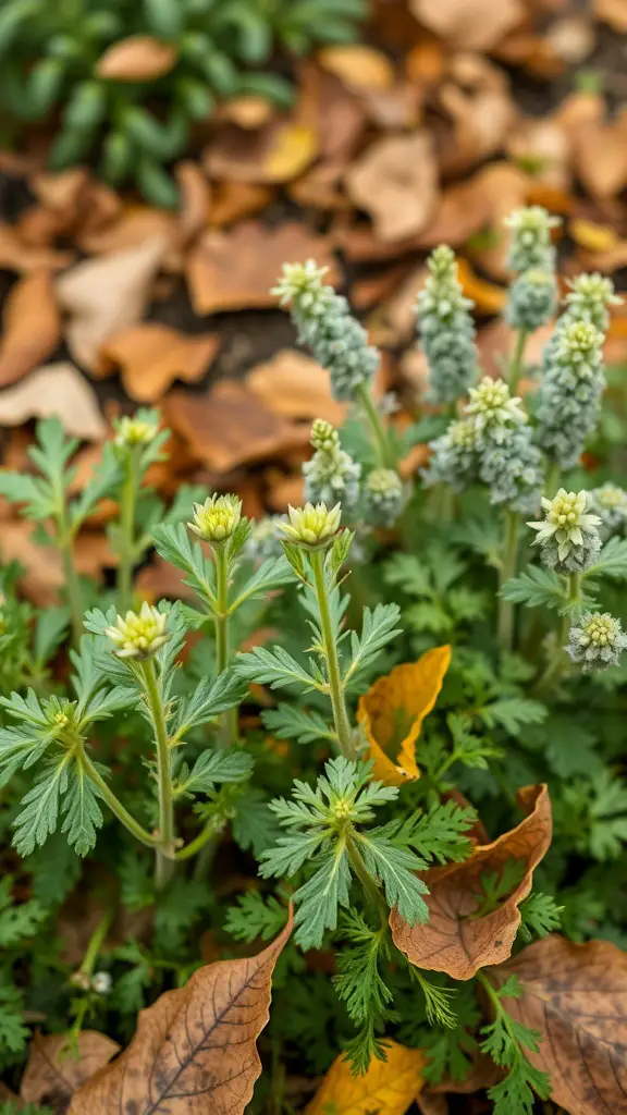 19 Creative Fall Vegetable Garden Ideas for a Bountiful Harvest 9 A close-up of green herbs growing among fallen autumn leaves.