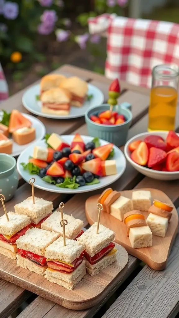 19 Whimsical Garden Party Ideas for Unforgettable Celebrations 6 A table set with various finger foods including mini sandwiches, fruit platters, and small desserts, perfect for a garden party.