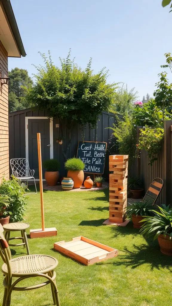 19 Whimsical Garden Party Ideas for Unforgettable Celebrations 21 Garden games corner featuring Jenga and ring toss with chairs and potted plants.