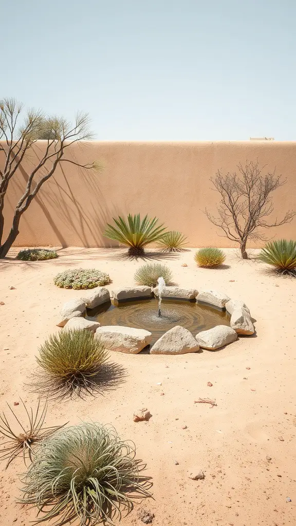 23 Vibrant Mexican Garden Ideas to Transform Your Outdoor Space 10 A desert garden featuring a small pond with a fountain, surrounded by native plants and sandy soil.